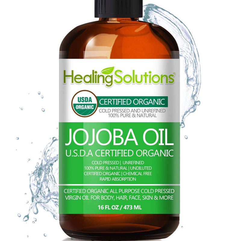 Healing Solutions Oils Organic Jojoba Oil 16 oz Pure Cold Pressed 100% Natural Serum for Hair, Skin, Face, Body, Scalp, Cuticle & Nail, Unrefined Moisturizing & Acne Fighter Treatment 473 ml - Image 1